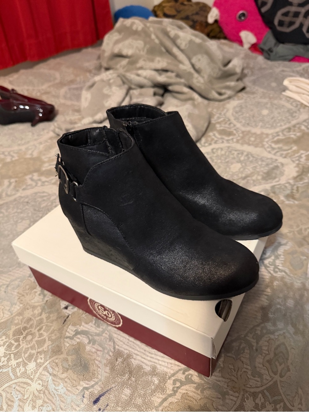 SO Black Wedge Ankle Booties with Buckle